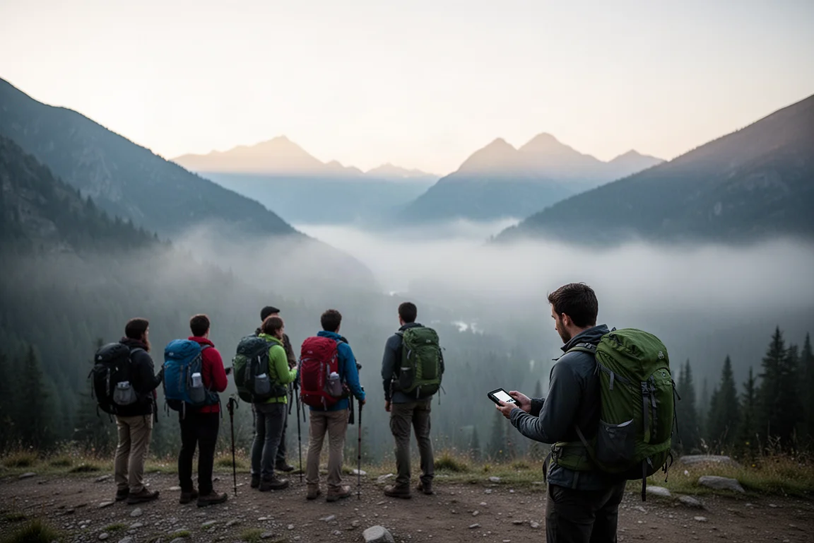 Small group of hikers at a mountain trailhead in early morning light