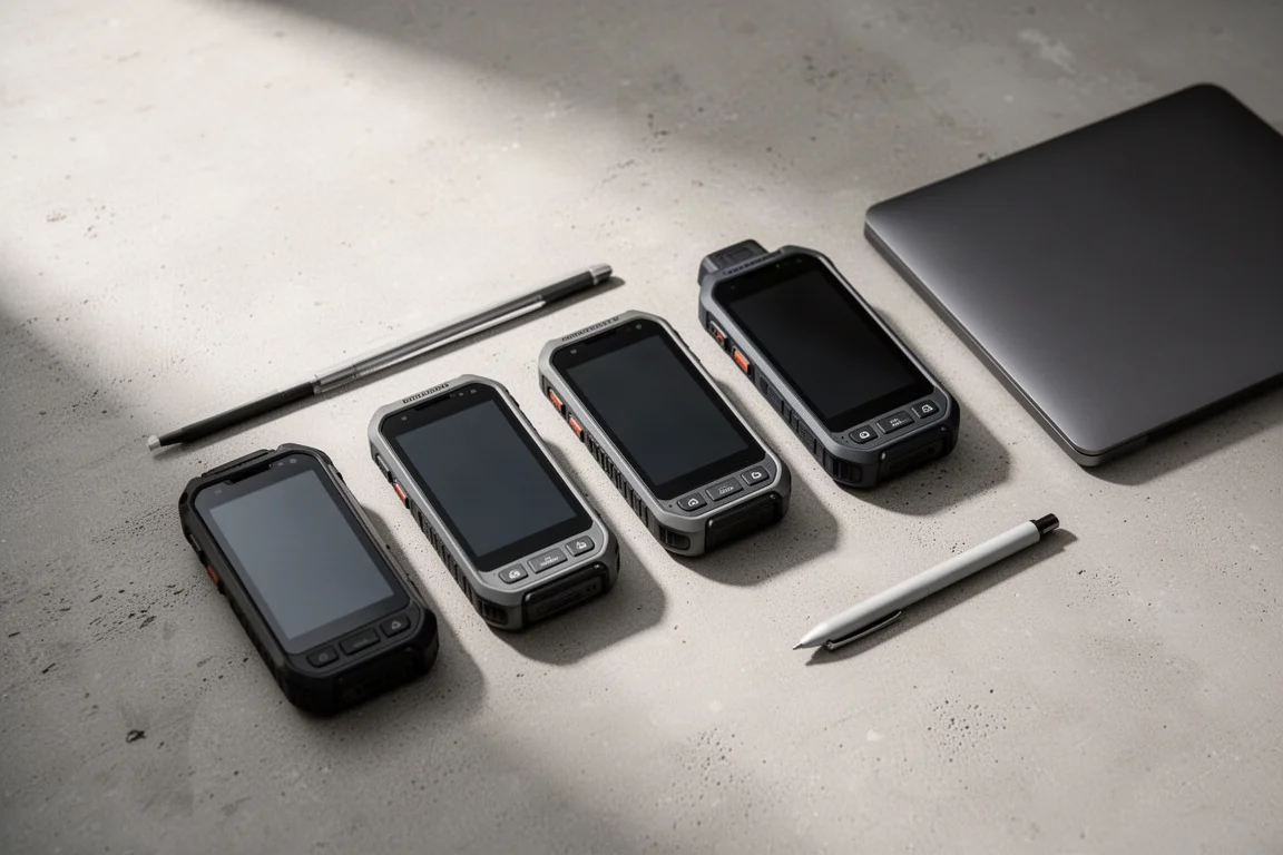Several handheld outdoor devices laid out in a row on a concrete desk surface