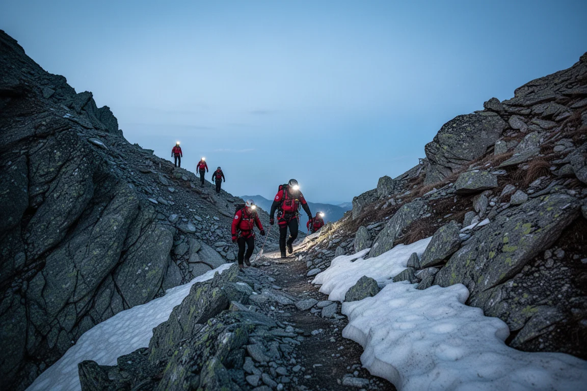 Search and rescue team moving along an alpine ridge at dusk with headlamps