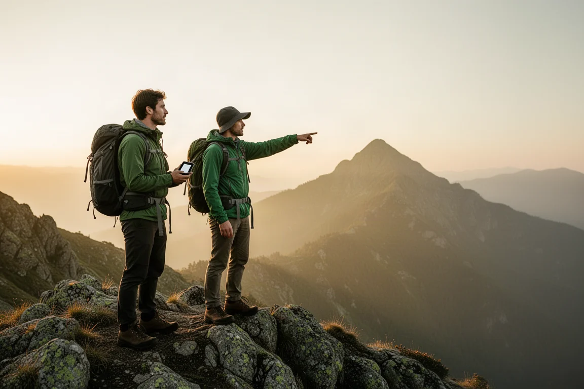 Two hikers on a ridgeline at sunrise checking a handheld device