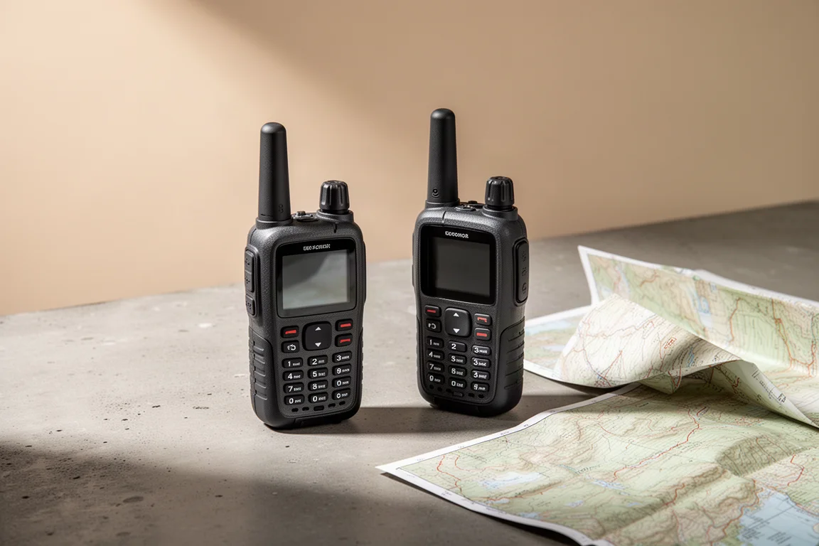 Due robusti comunicatori satellitari portatili accanto a una carta topografica piegata su cemento
