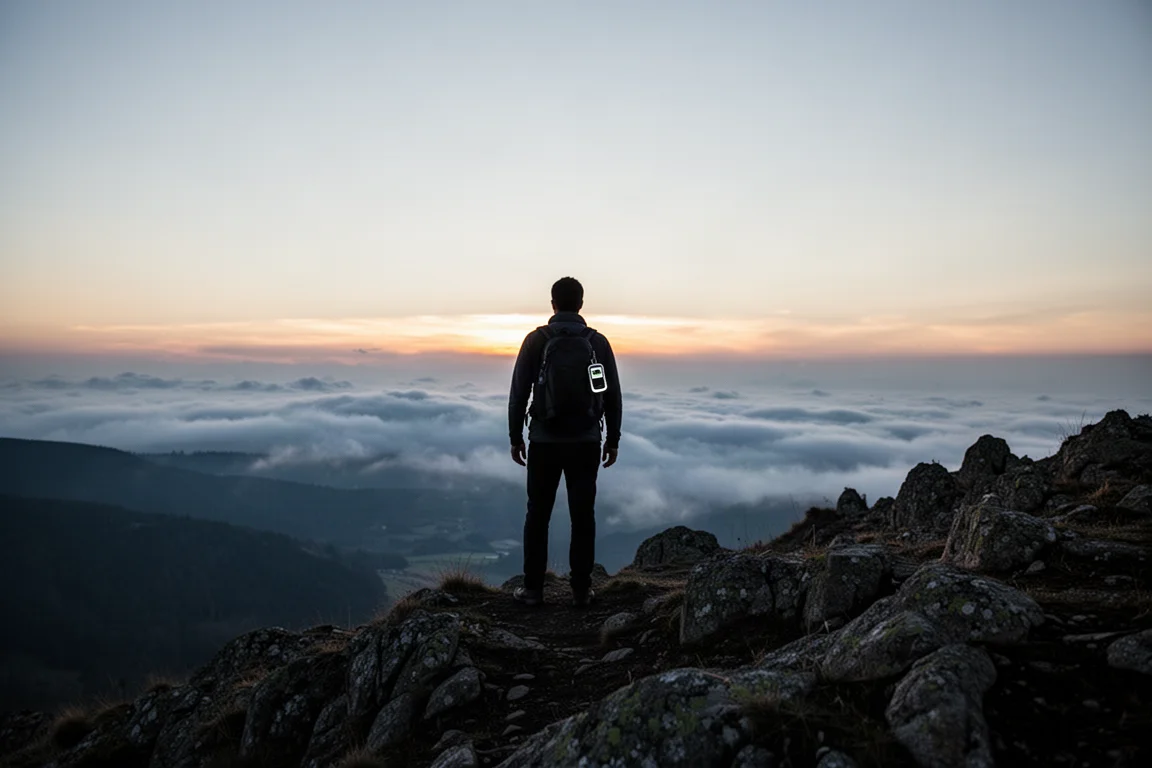 Excursionista consultando un dispositivo satelital portátil en una cresta alpina al amanecer