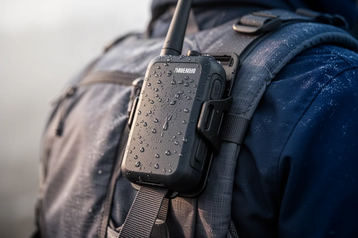 Mochila de lona contra un muro de piedra con un comunicador satelital en el bolsillo superior