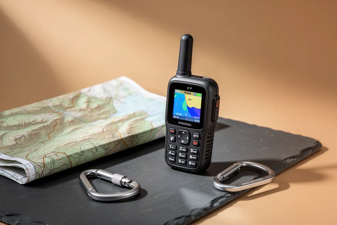 Compatto comunicatore satellitare con mappa topografica piegata e moschettone su superficie in ardesia