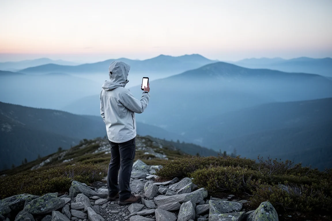 Wanderer auf einem Alpengrat bei Sonnenaufgang mit einem handlichen Satellitengerät