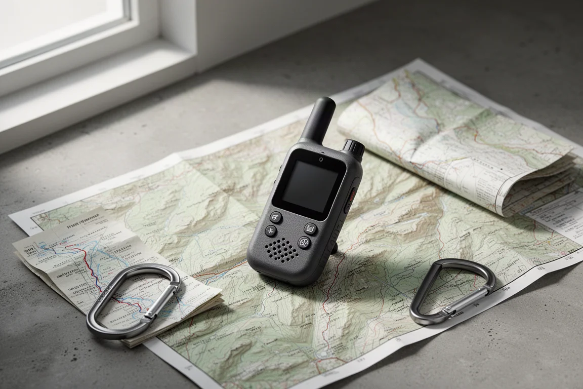 Comunicatore satellitare portatile su una carta topografica con una mappa piegata e un moschettone