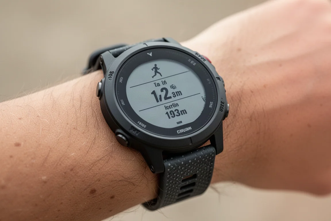 Nahaufnahme des Displays einer robusten GPS-Sportuhr am Handgelenk mit Laufstatistiken