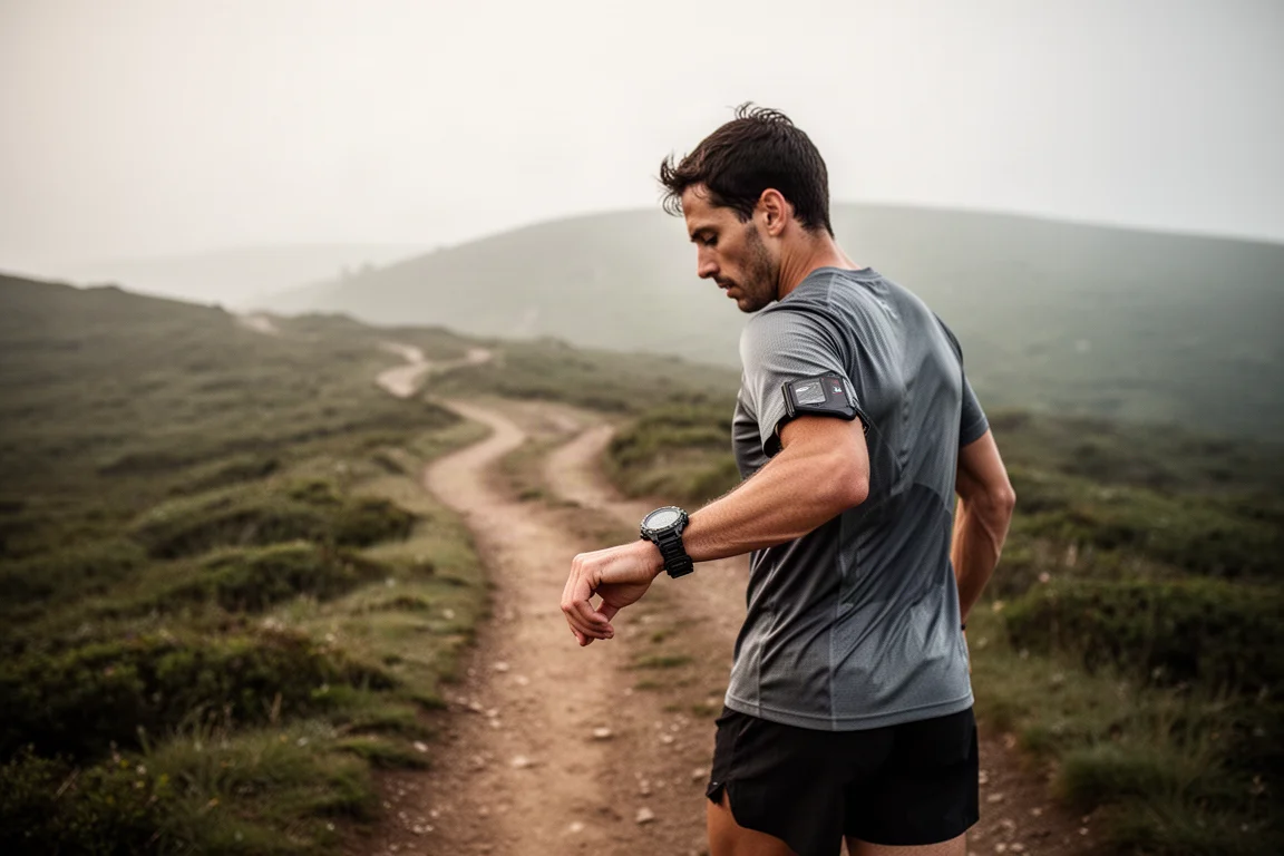 Trailrunner folgt einer Breadcrumb-Navigationsroute auf der Uhr bei einem Geländelauf