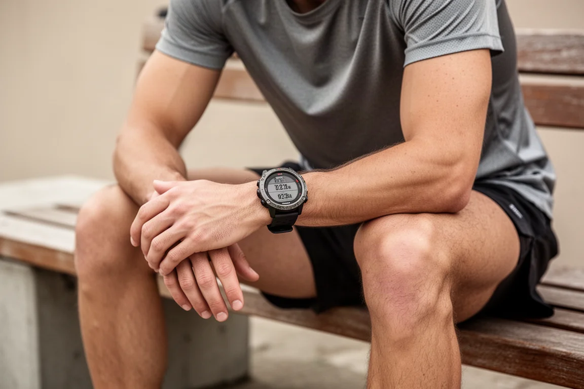 Läufer sitzt auf einer Bank und wertet nach dem Lauf Trainingsdaten auf der Uhr aus