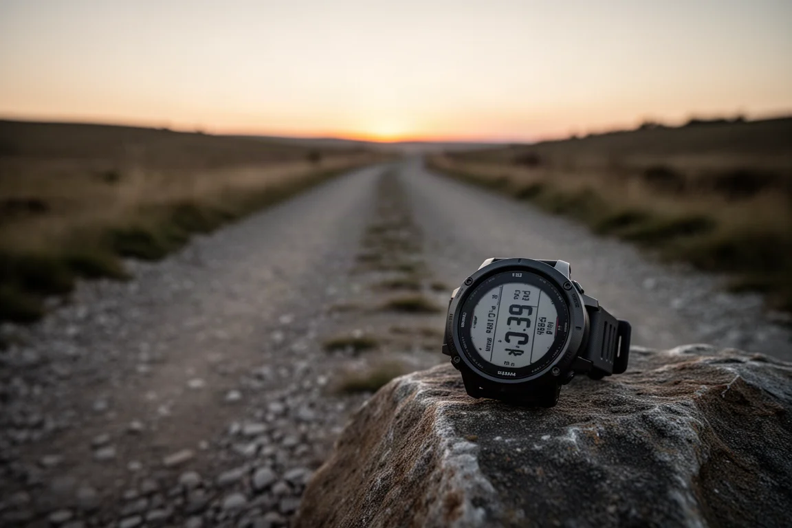 Robuste GPS-Uhr und Laufszene mit offenem Trail in der Abenddämmerung