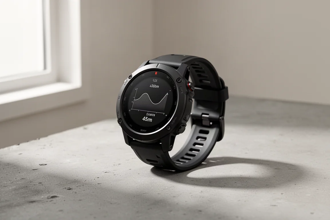 Rugged Garmin Instinct 2 GPS sports watch with polymer case and round screen on a concrete surface