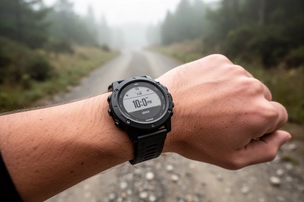 Runner checking a rugged GPS watch on a wrist on a quiet trail