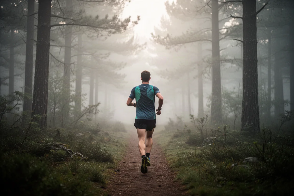 Trail runner navigating a misty forest path at dawn