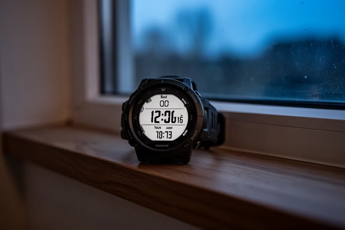 Rugged GPS watch glowing softly beside a window at night