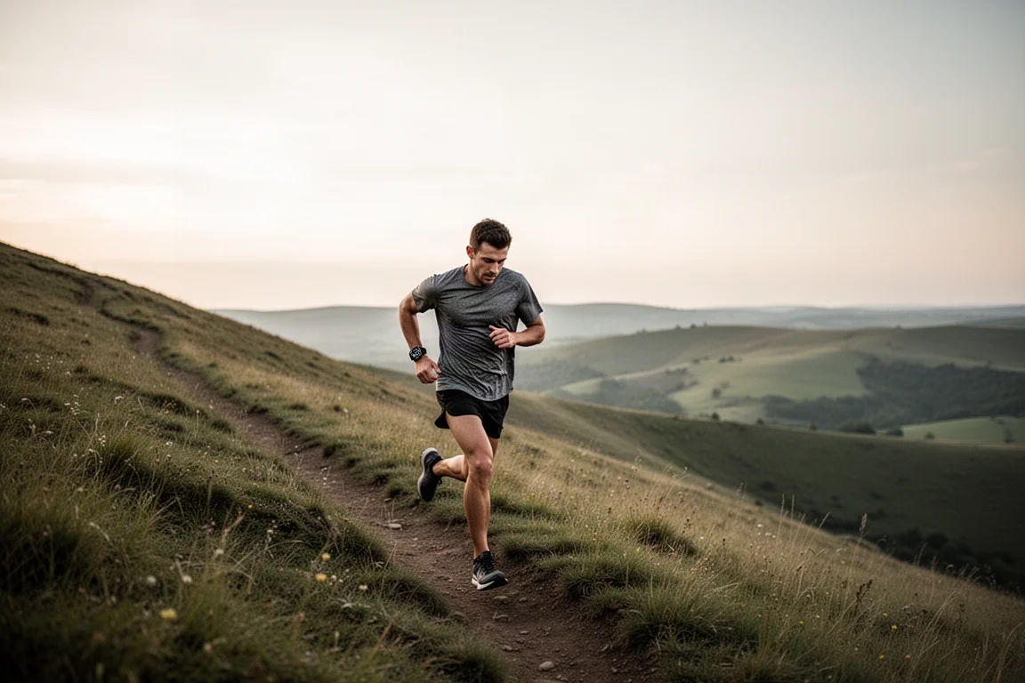 Runner climbing a grassy hillside with open sky