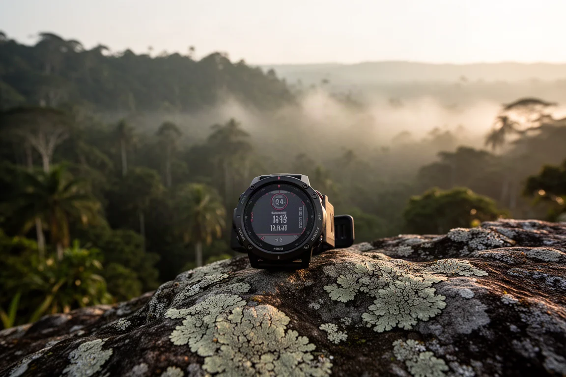 Orologio GPS rugged su una sporgenza rocciosa con vista sulla giungla
