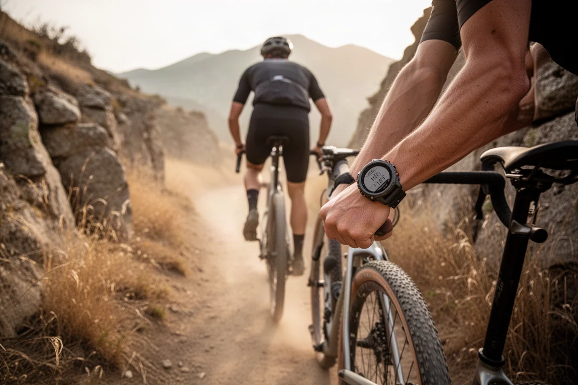 Ciclista su una gravel in un sentiero di montagna con un orologio GPS al polso