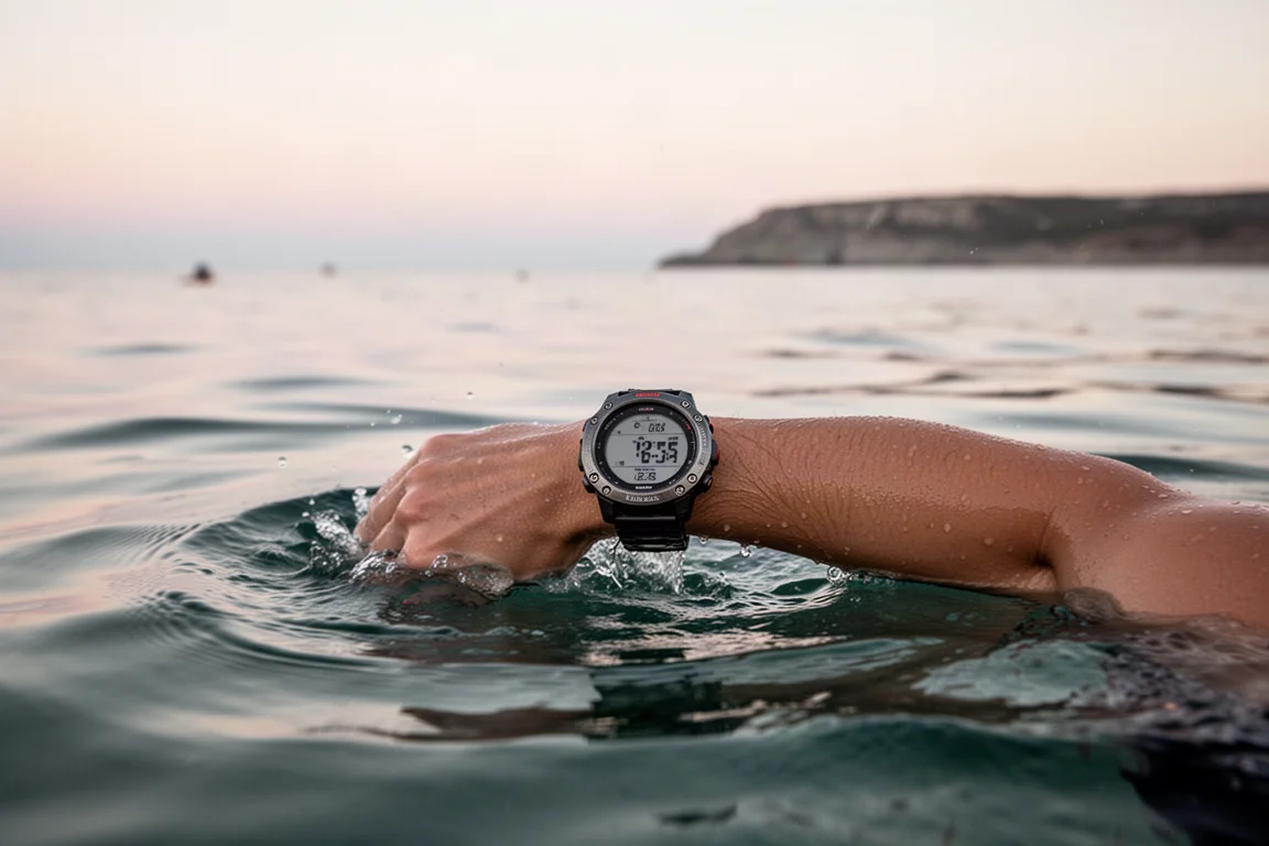 Nuotatore in acque libere che segue una rotazione su un mare calmo all'alba