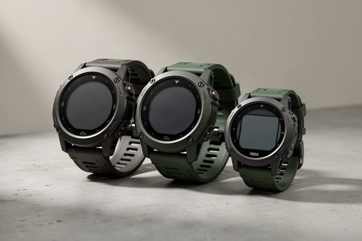 Three rugged Garmin Instinct 2 series GPS watches arranged on a concrete surface