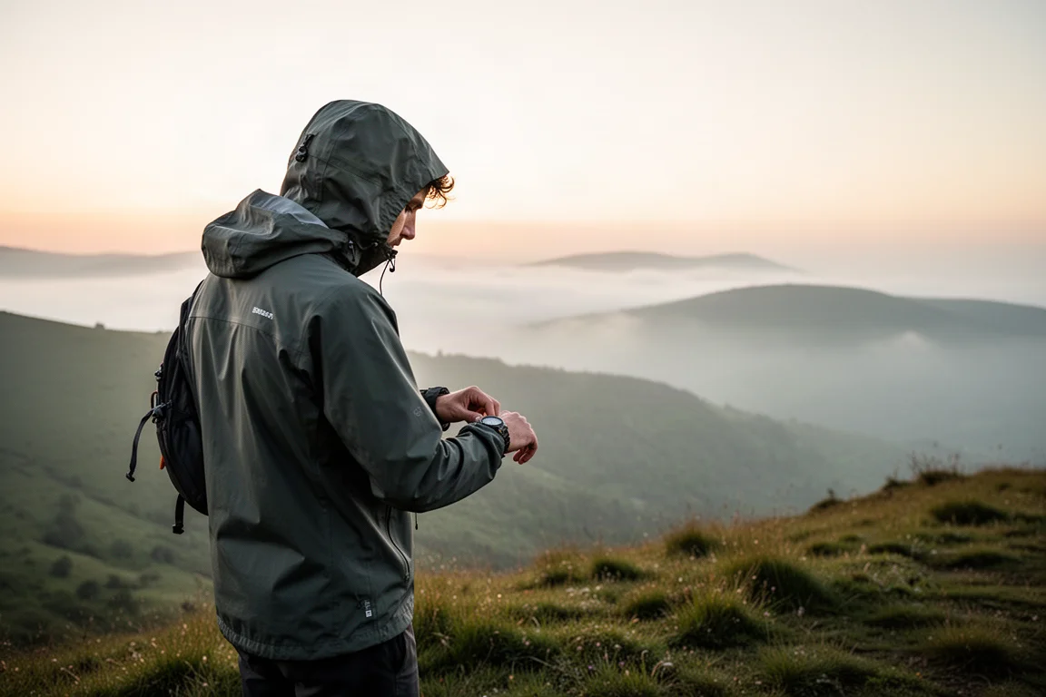 Hiker on a misty ridge at sunrise checking a rugged watch on their wrist