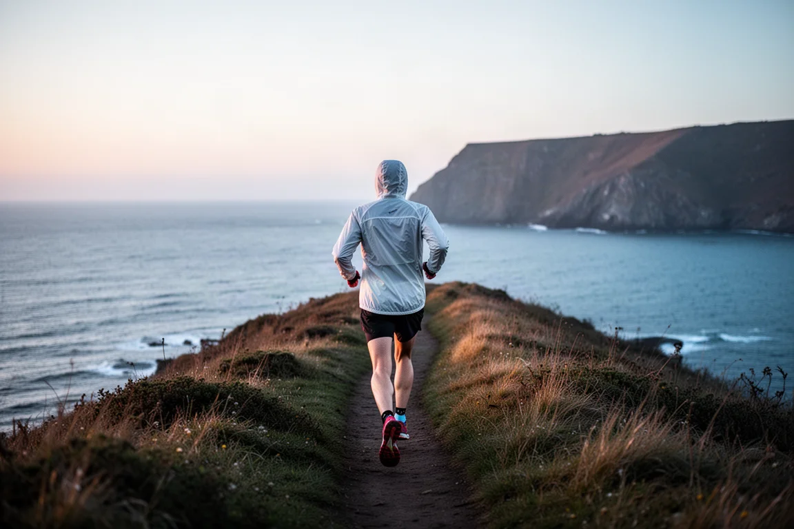 Trail runner on a narrow coastal path at dawn with sea in the distance