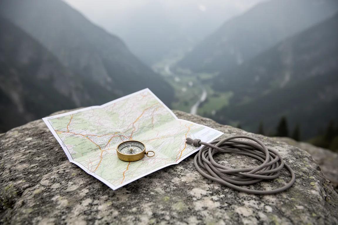Paper map and compass on granite rock overlooking a mountain valley