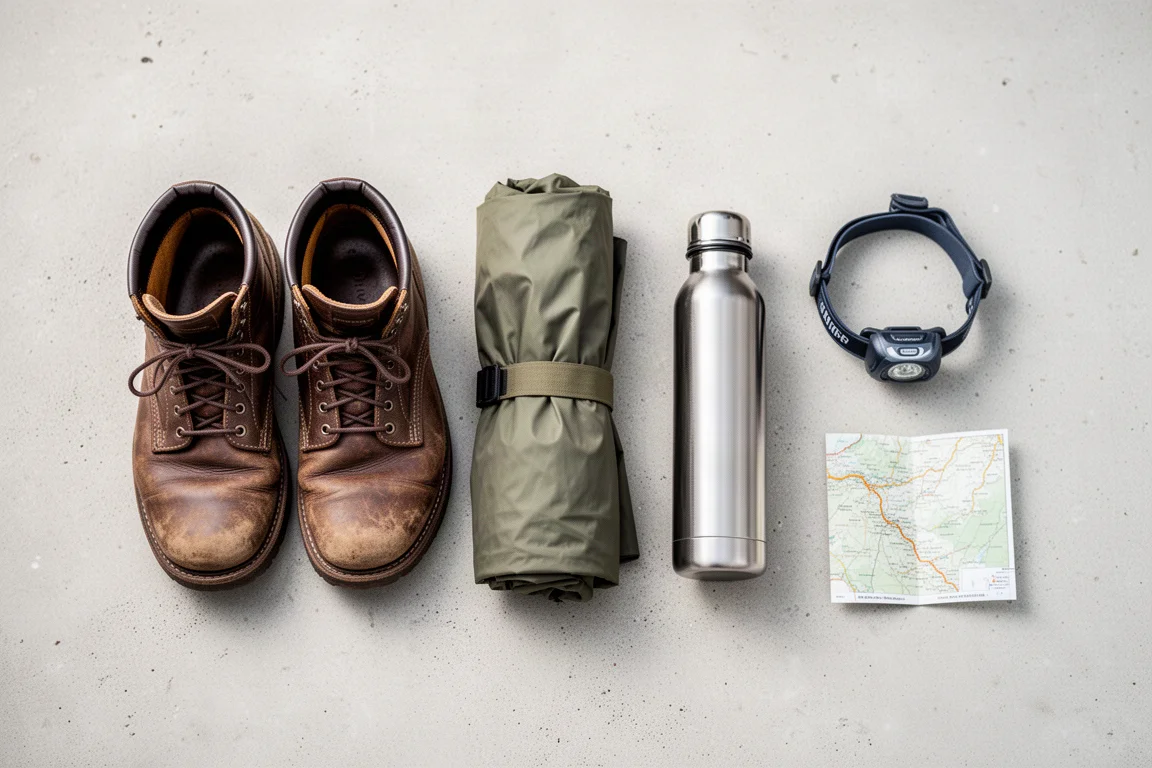 Overhead flat-lay of hiking boots, rain shell, bottle, torch, and map on concrete