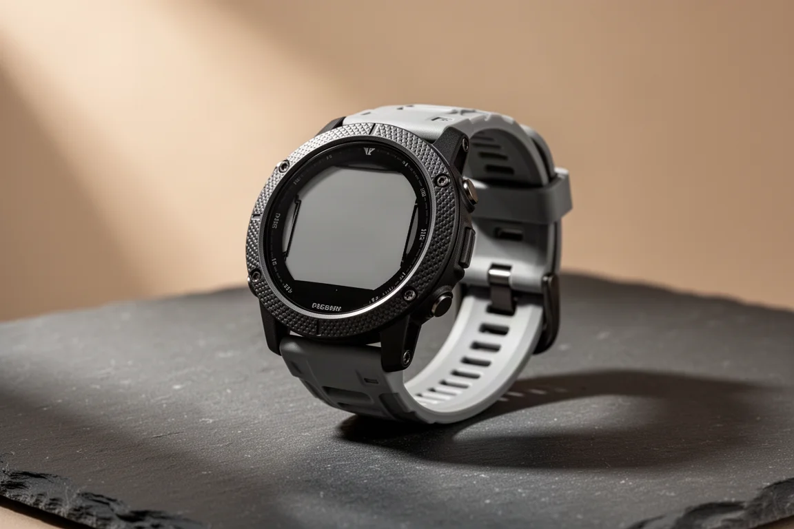 Robusto orologio multisport GPS con lunetta scura e cinturino in resina grigia su superficie ardesia