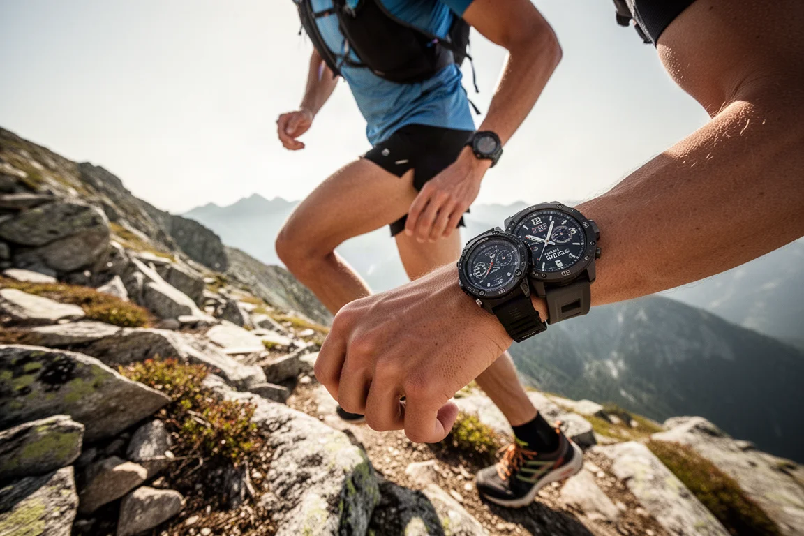 Trailrunner beklimt een rotsachtige bergrug in fel zonlicht
