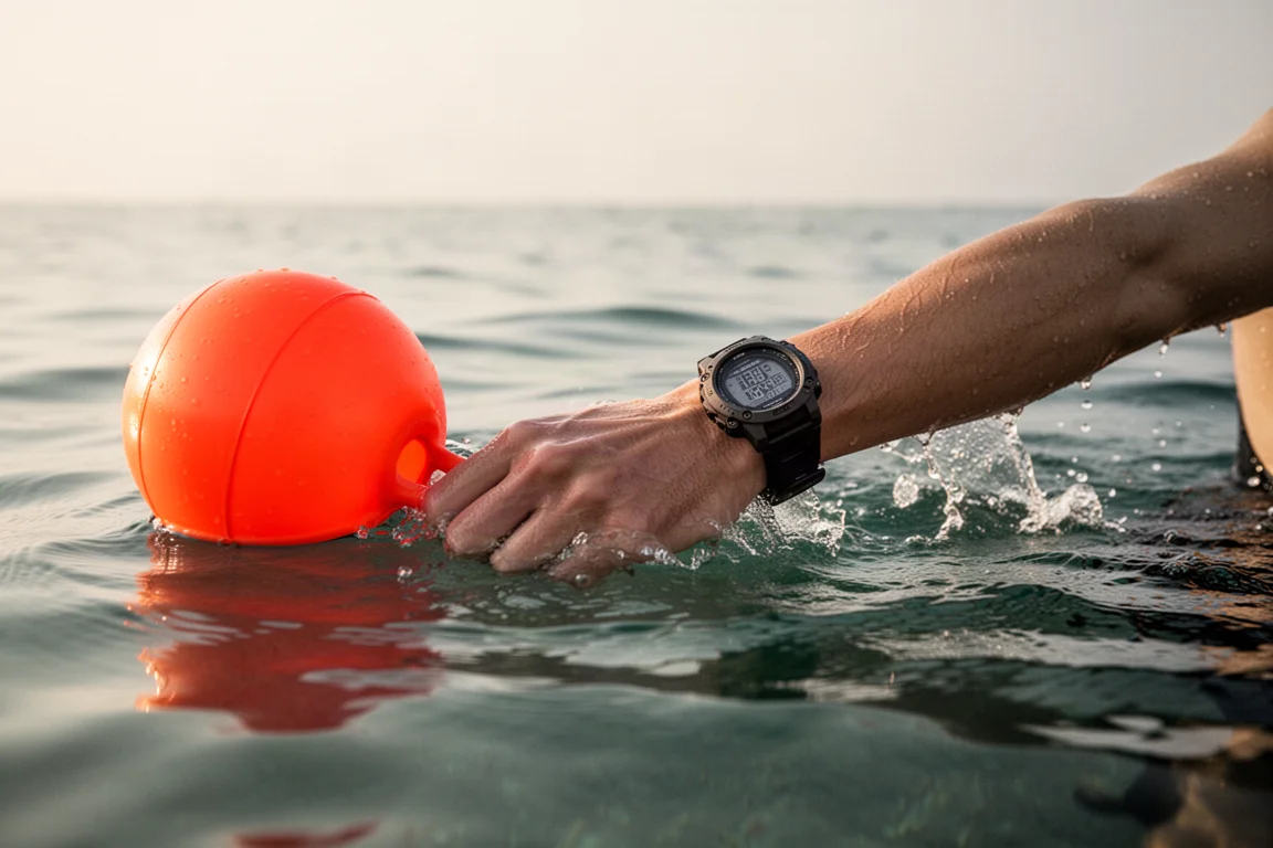 Openwaterzwemmer draagt een robuust sporthorloge in kalm zeewater