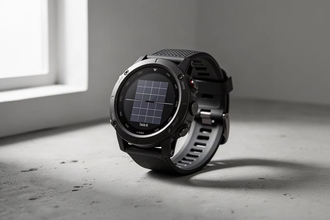 Large rugged GPS sports watch with black bezel and solar panel display on concrete