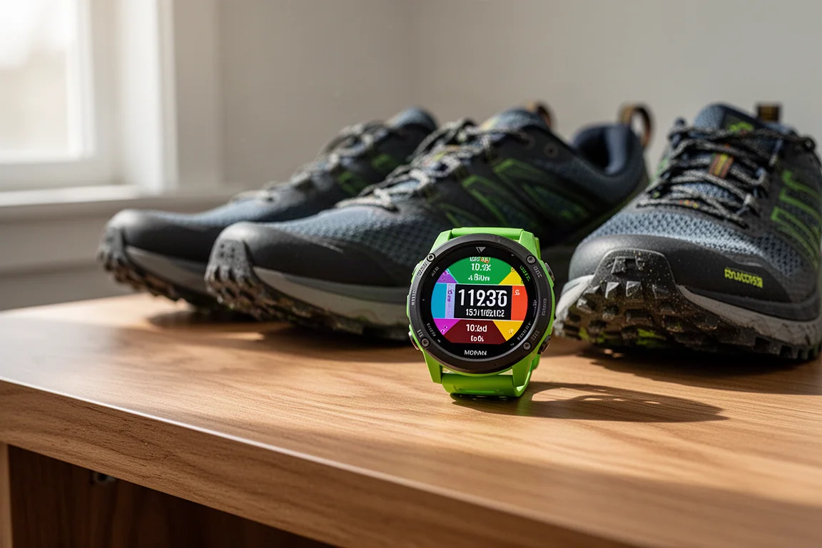 Robuust sporthorloge op een houten bureau naast hardloopschoenen
