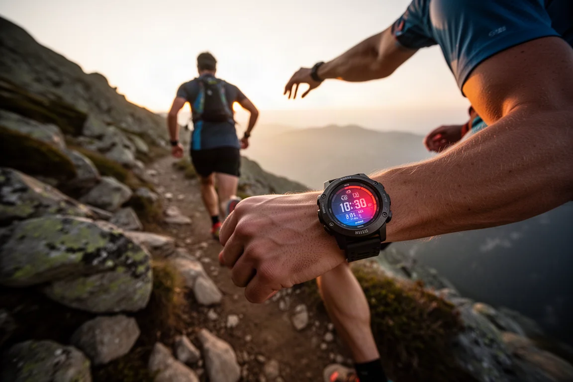 Trailrunner op een bergpad in het gouden uur met een sporthorloge om de pols