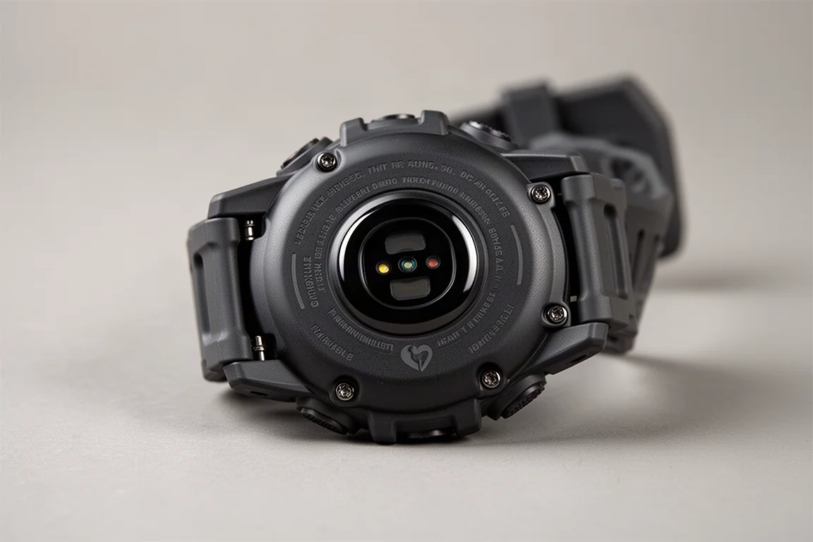 Close-up van de optische hartslagsensor aan de onderkant van een sporthorloge