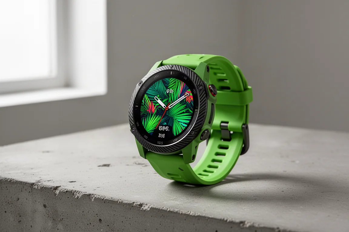 Rugged green GPS sports watch with bright AMOLED display on concrete