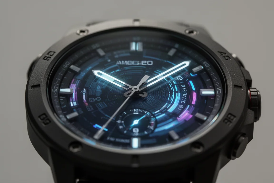 Nahaufnahme von Analogzeigern über einem hellen AMOLED-Smartwatch-Display