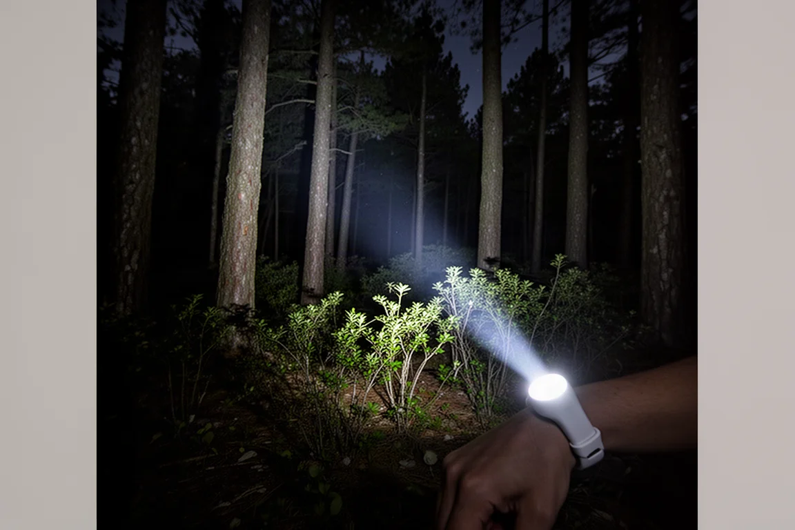 Lichtstrahl der Uhr-Taschenlampe beleuchtet eine dunkle Waldszene bei Nacht