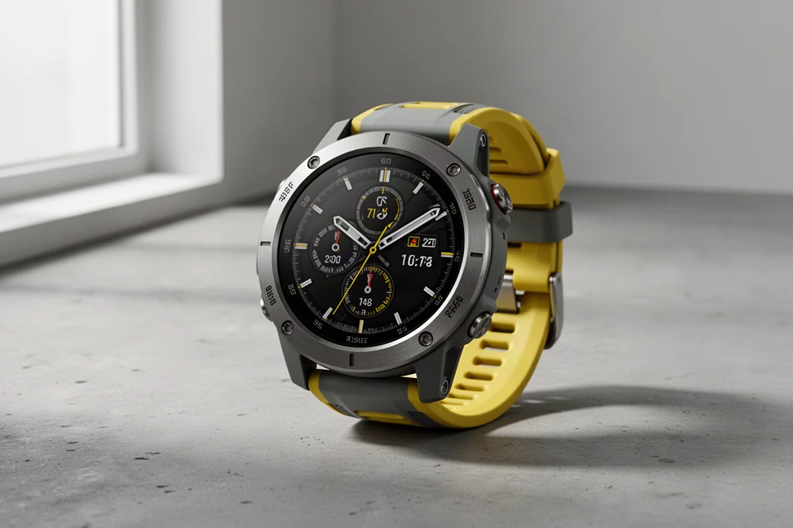 Robuste Hybrid-Smartwatch im Garmin-Stil mit Analogzeigern über einem AMOLED-Display auf Beton