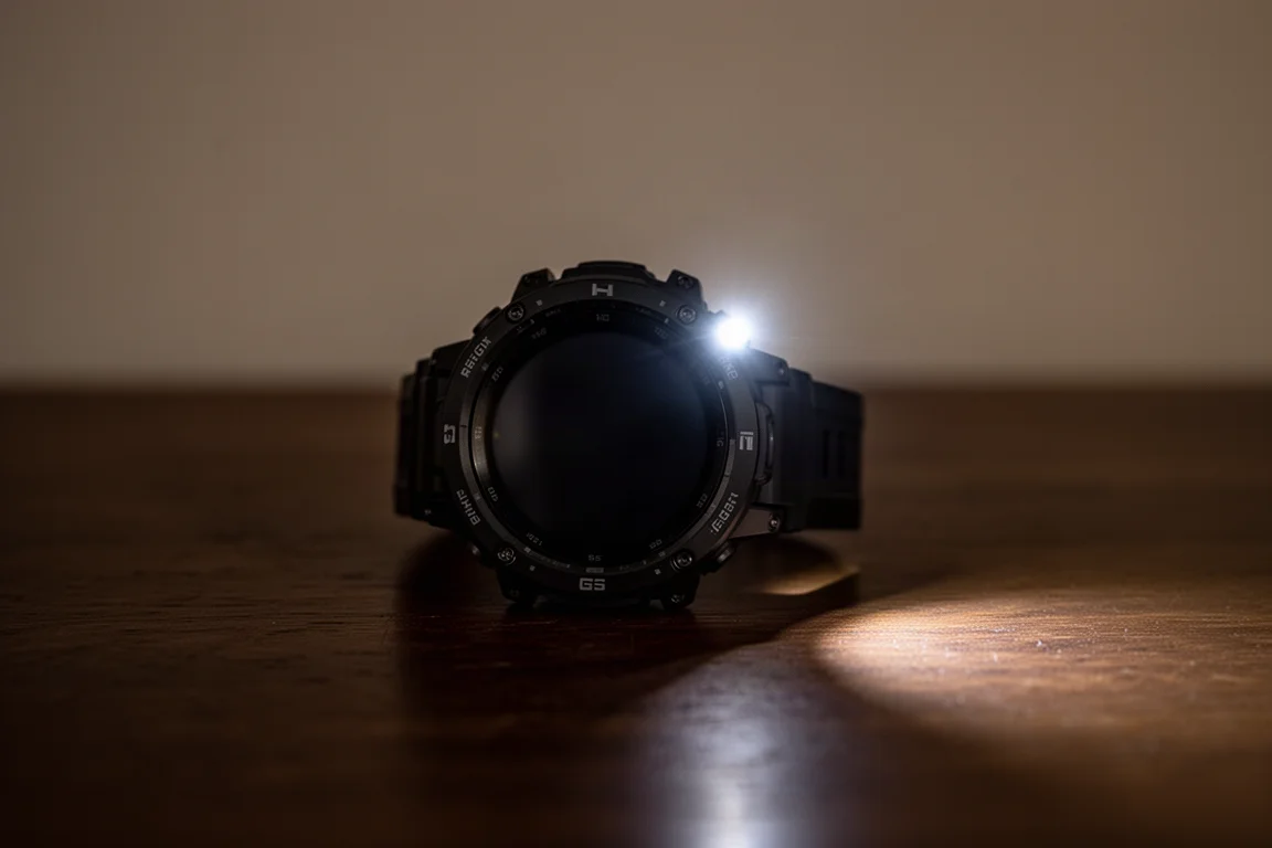 智能手錶在夜間的深色枱面上亮起 LED 電筒