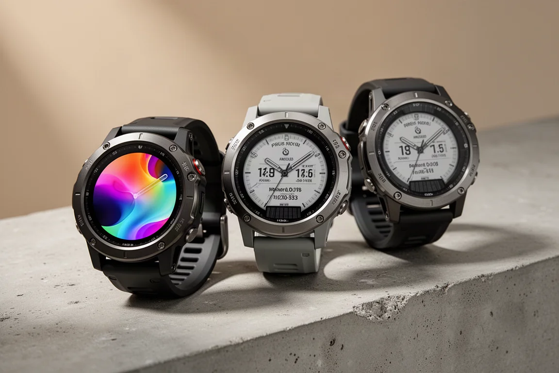 Tre robusti orologi GPS con display AMOLED e monocromatici disposti su cemento