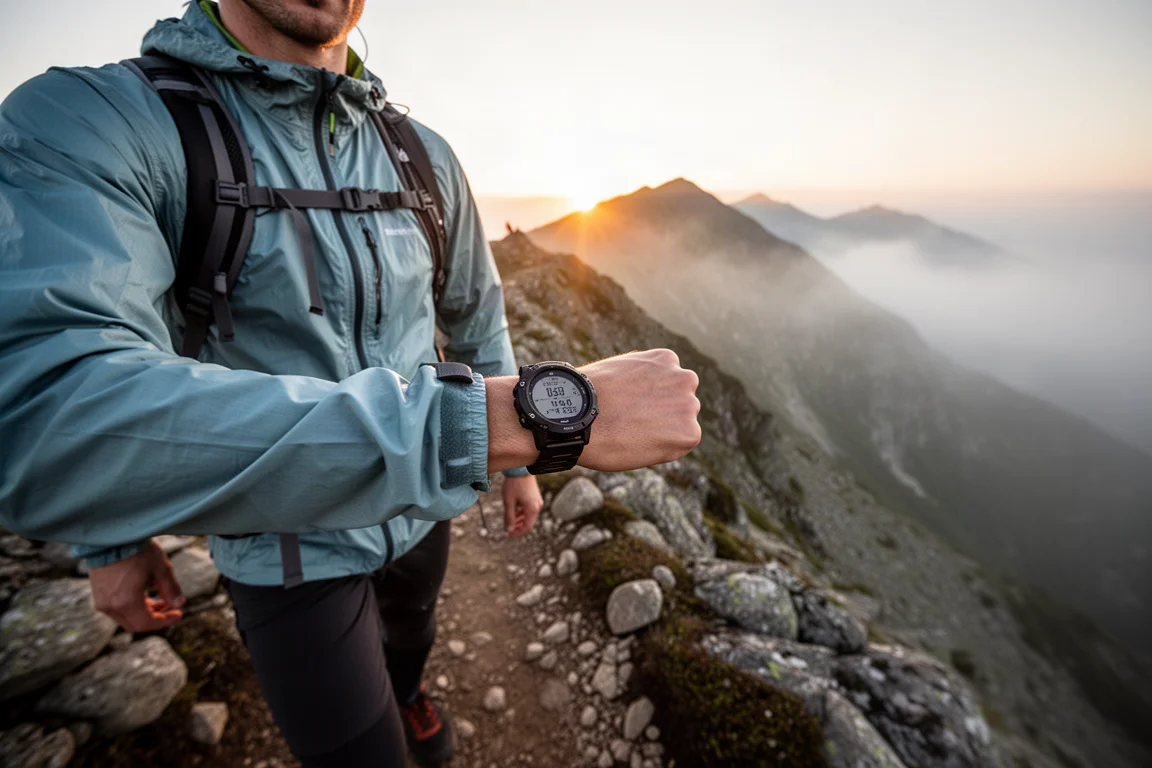 Vandrare som går på en stig i bergsterräng i tidig morgonljus med ett robust GPS-klocka på handleden