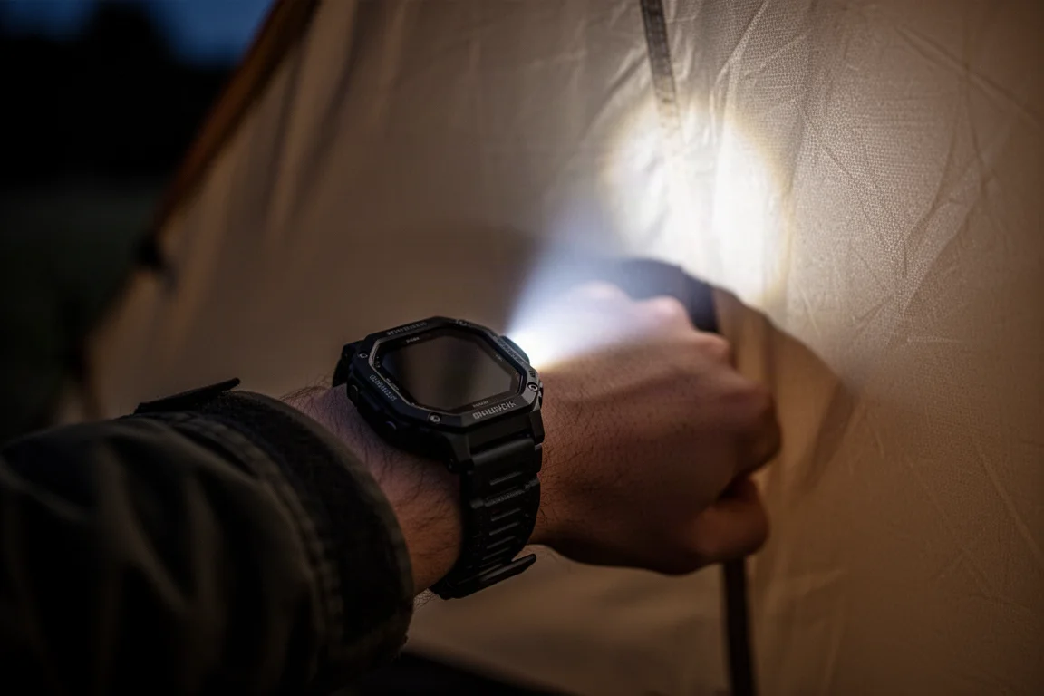 Närbild på en robust smartklocka som kastar en vit LED-stråle på ett tälttyg på natten