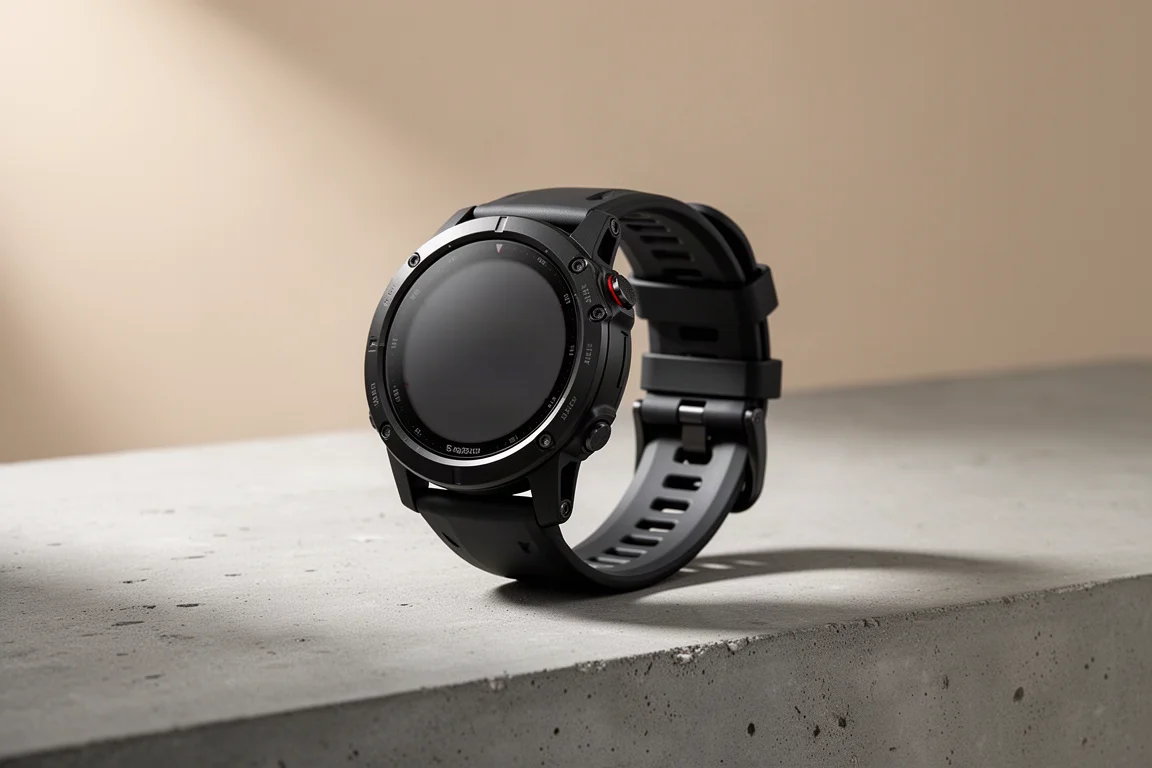 Rugged black GPS smartwatch with thick bezel on a matte concrete surface
