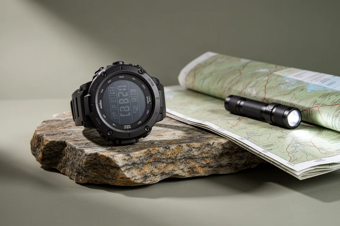 Robusto orologio GPS solare nero su pietra grigia accanto a una mappa topografica piegata e a una bussola