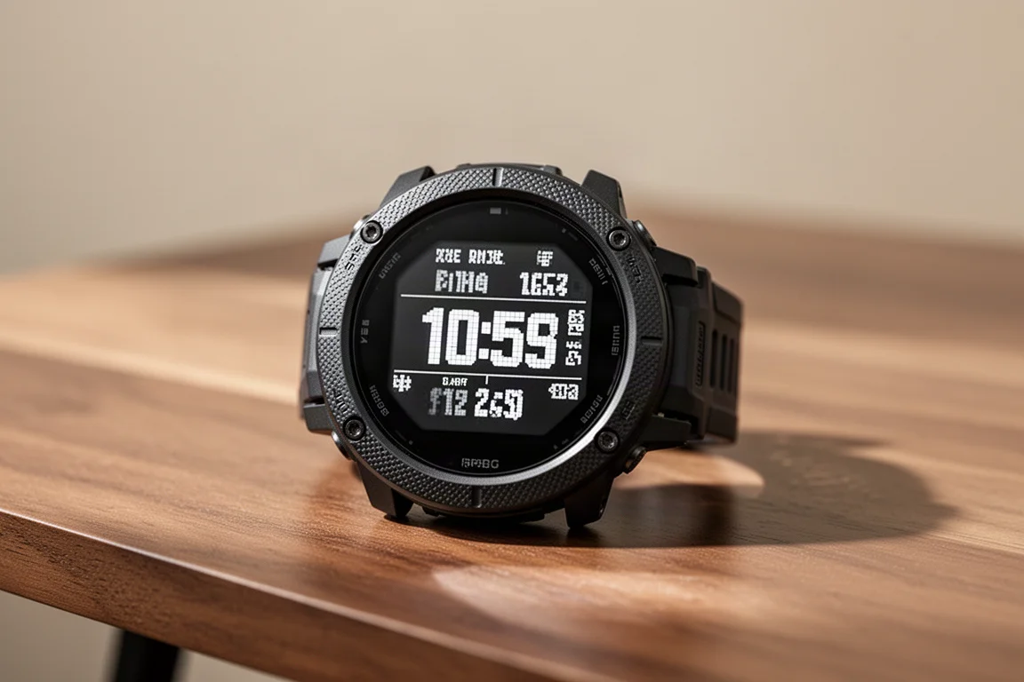 Close-up of a rugged GPS watch face showing a crisp monochrome display on a wooden table