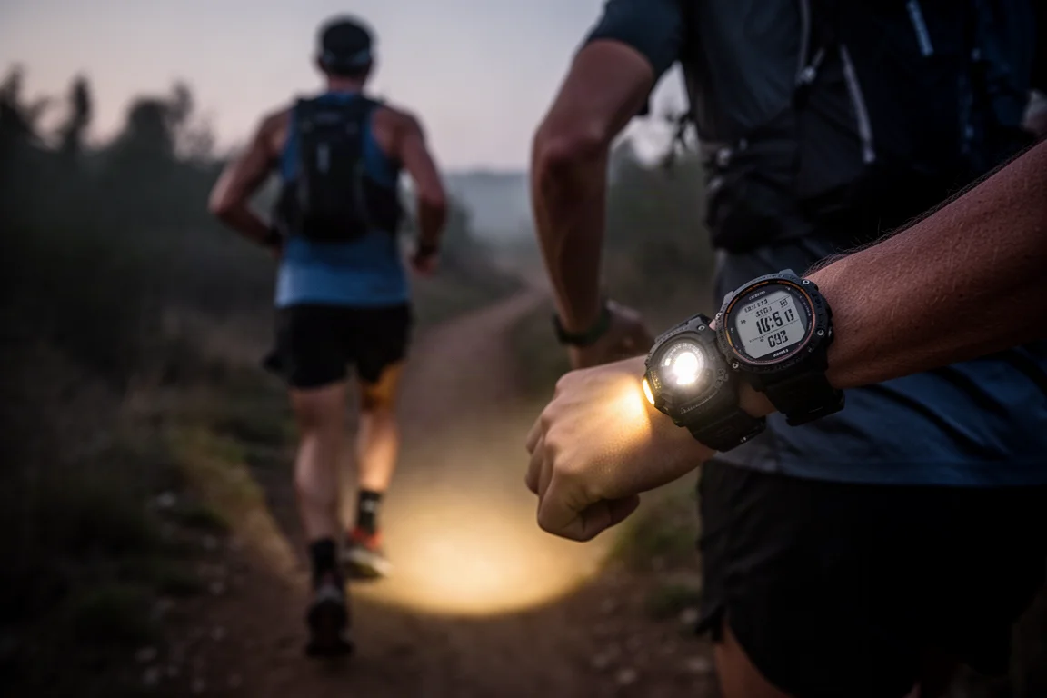 Runner wearing a rugged GPS watch on a dark pre-dawn trail with the watch LED flashlight glowing