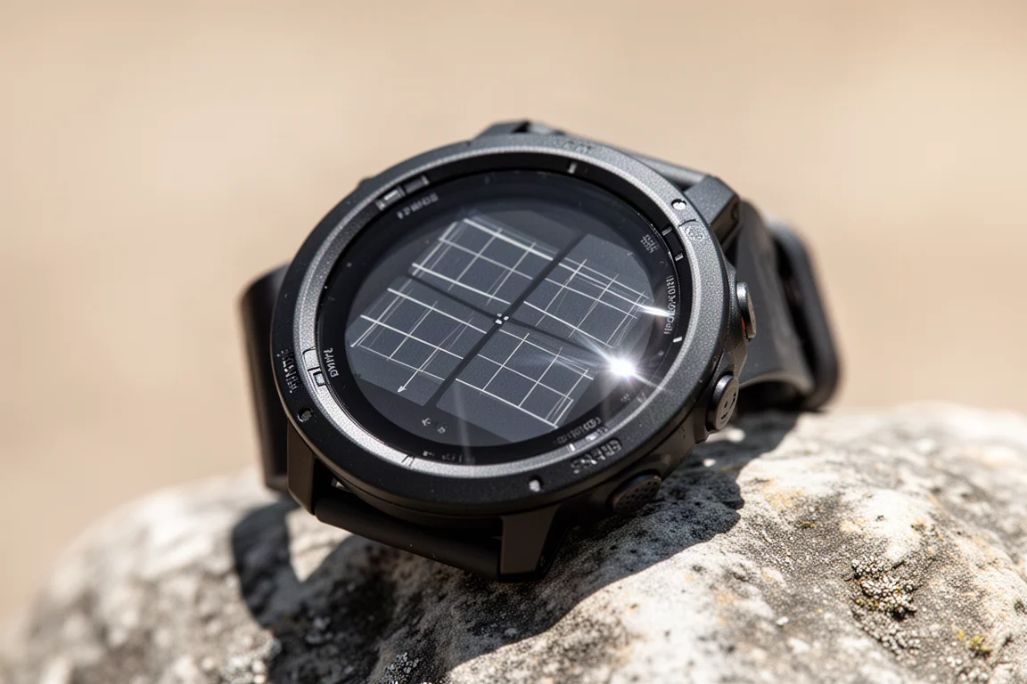 Solar charging ring around a watch display glinting in bright sunlight outdoors