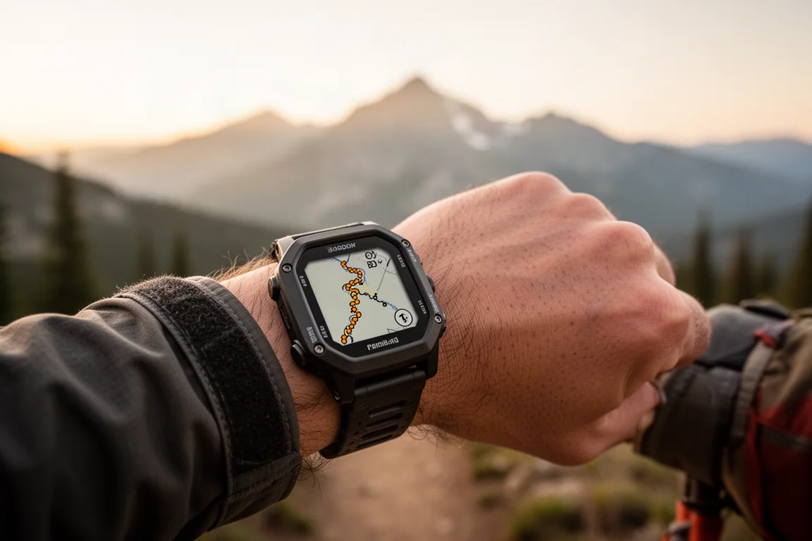 Trailhead scene with hikers checking a rugged GPS watch before starting a route