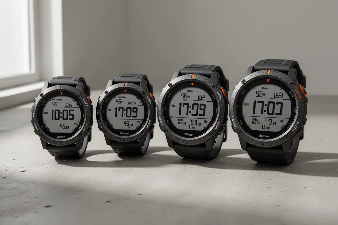 Four rugged Garmin Instinct GPS watches lined up on a concrete surface