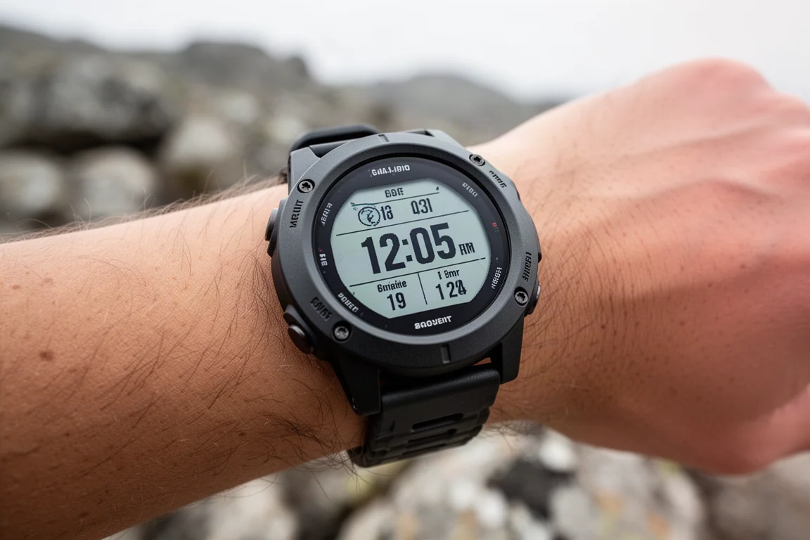 Orologio GPS robusto al polso all'aperto sotto una forte luce solare